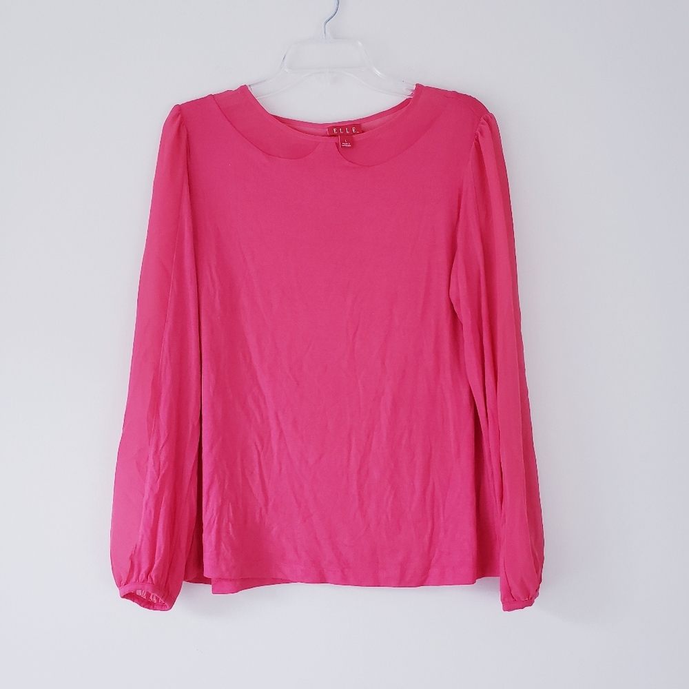 Elle Bright Pink Long Sleeve Blouse Mesh Collar Detail Size Large